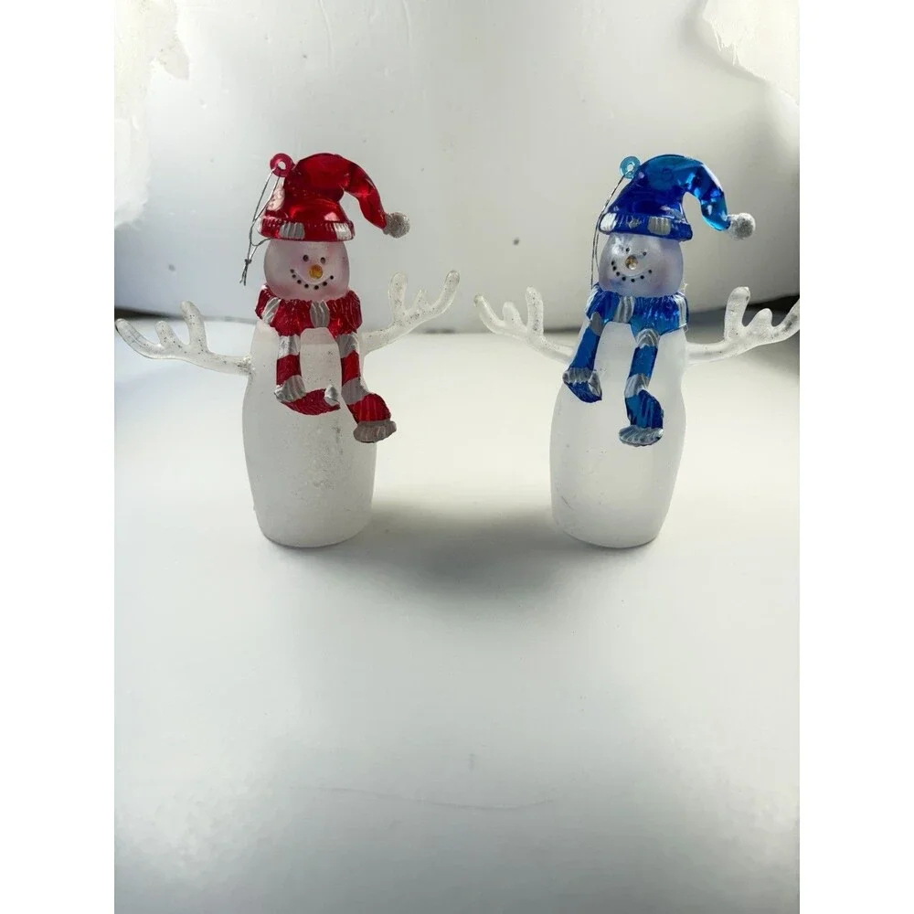 Vintage Frosted Glass Snowman Ornament Set Red Blue Hats Blown Glass Pair 4 ½”